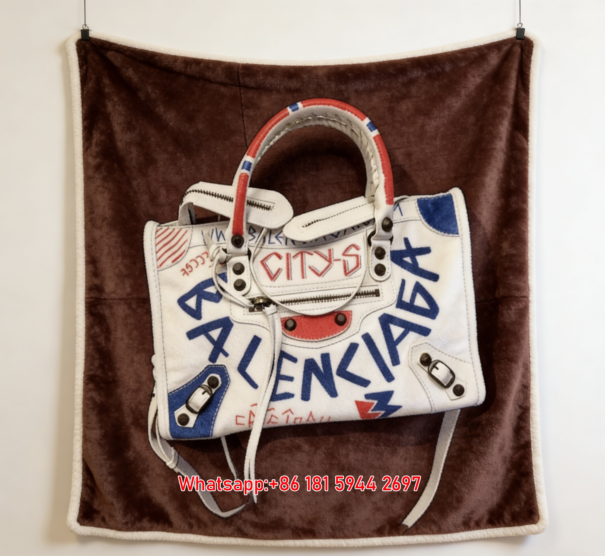 Balenciaga Red & Blue Graffiti City Bag Print Flannel Throw Blanket BA330